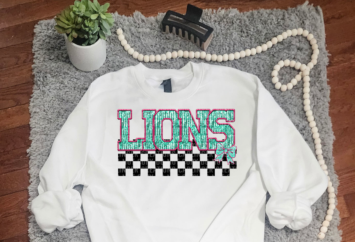 Turquoise And Pink Faux Embroidery Lions 74096 DTF Transfer