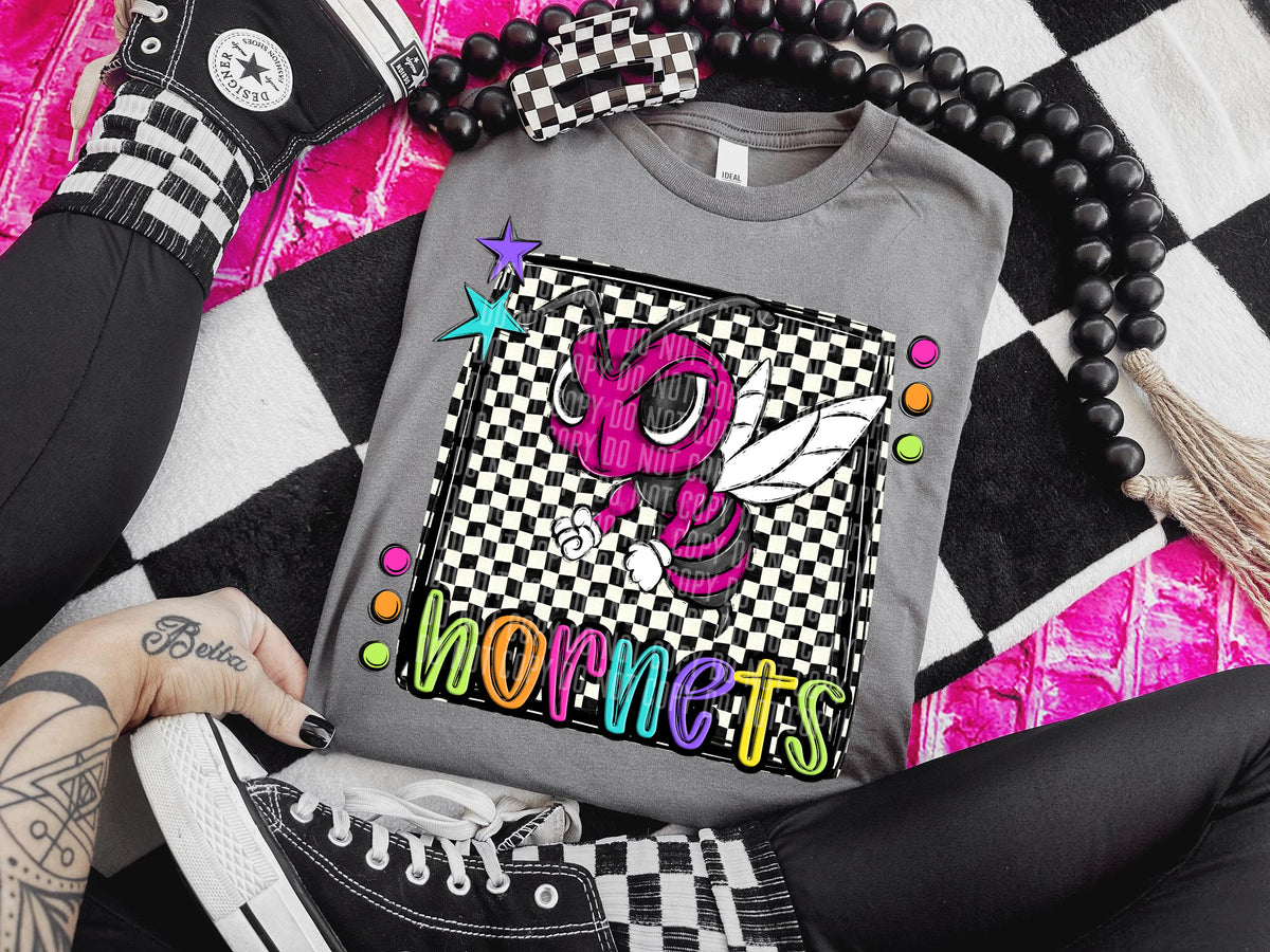 Checkered Preppy Bright Hornets Pink (Caplinger) DTF transfer