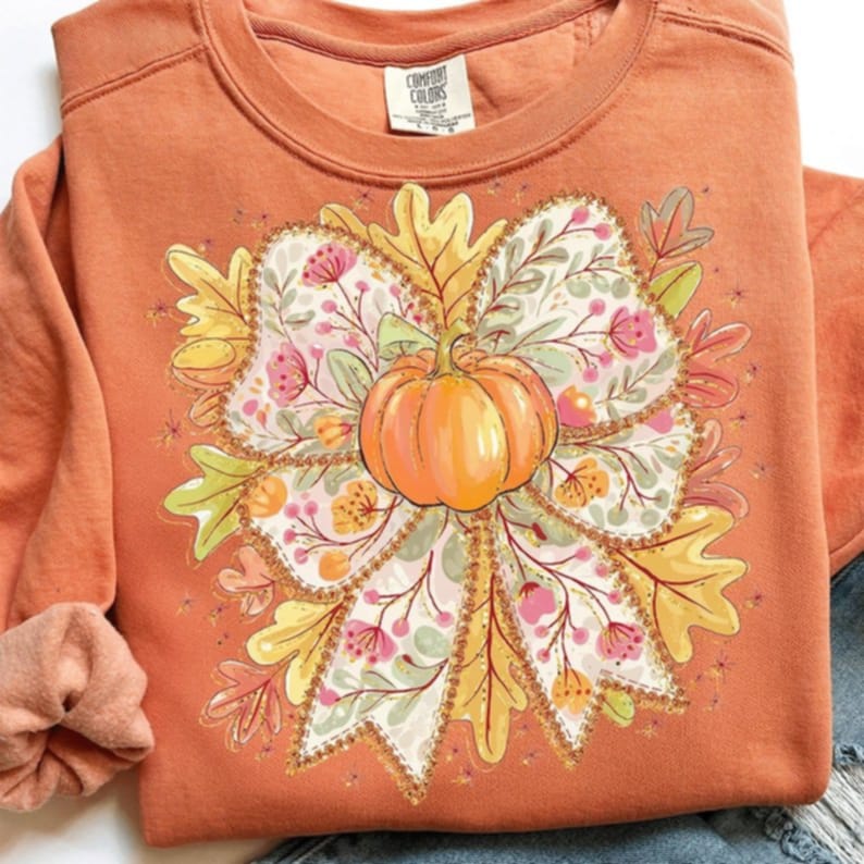 Pumpkin Floral Bow with Leaves DTF transfer
