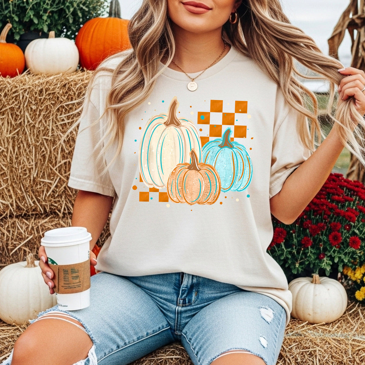 Pumpkins with checker (blue and orange) (CSC) DTF Transfer