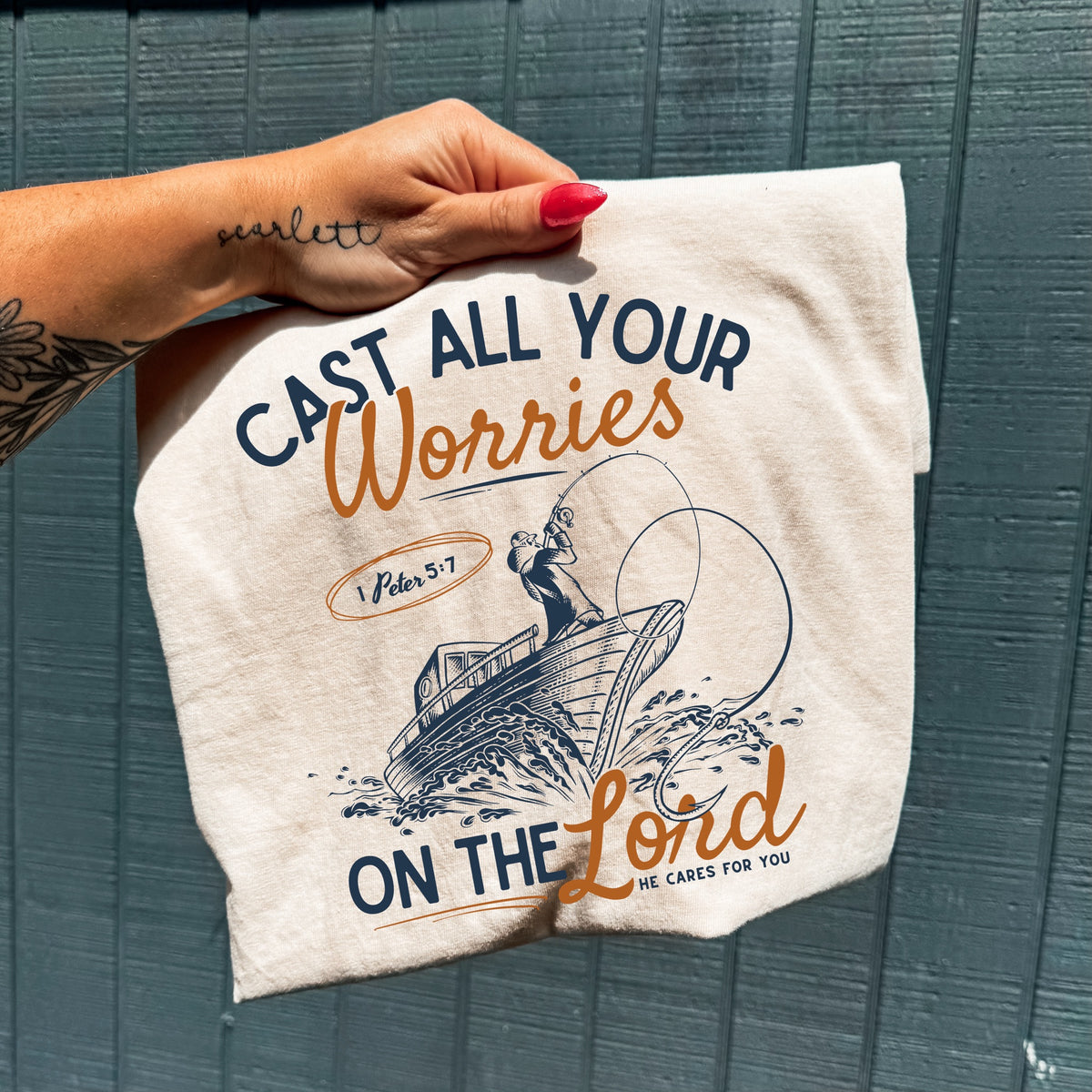 Cast all your worries (navy & orange) DTF Transfer