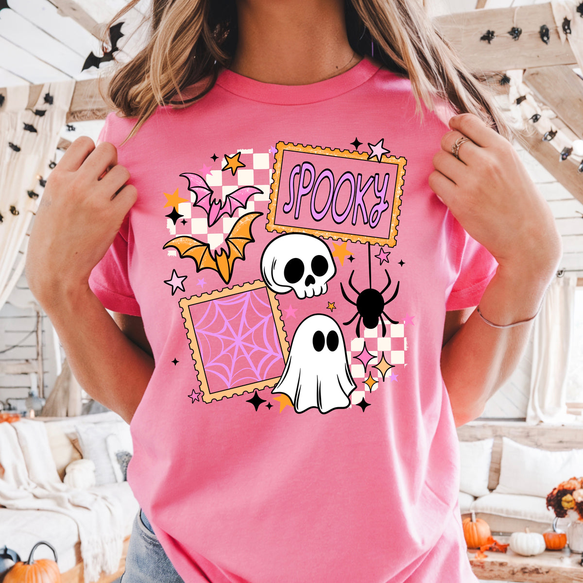 Spooky stamp with pink and orange bats (CSC) DTF Transfer