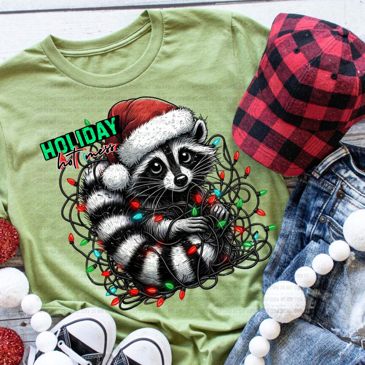 Holiday Hot Mess Raccoon green words (REVEL) DTF transfer