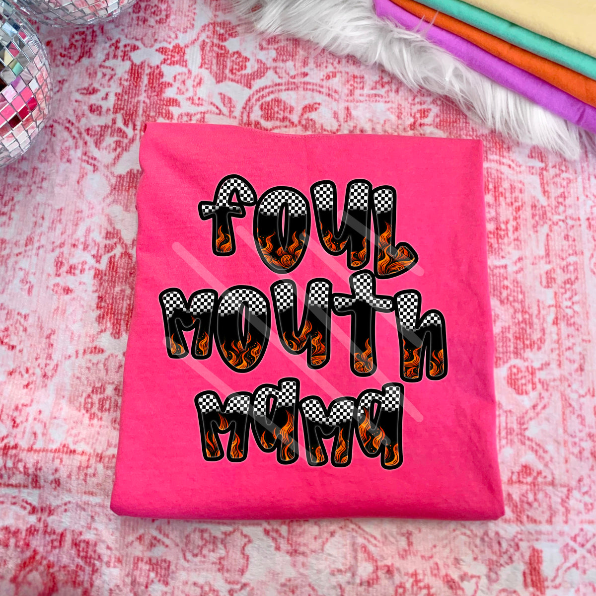 Foul mouth mama checker flames 110695 DTF transfer