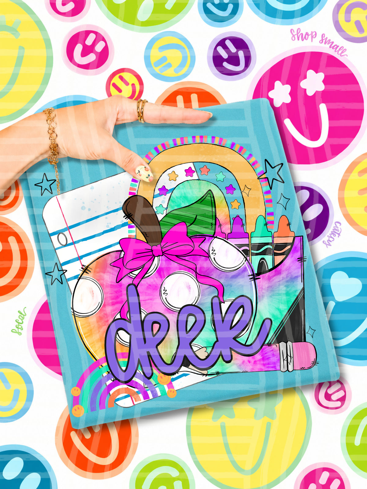 deer tie dye apple with white dots and school stuff (CAPLINGER) DTF Transfer
