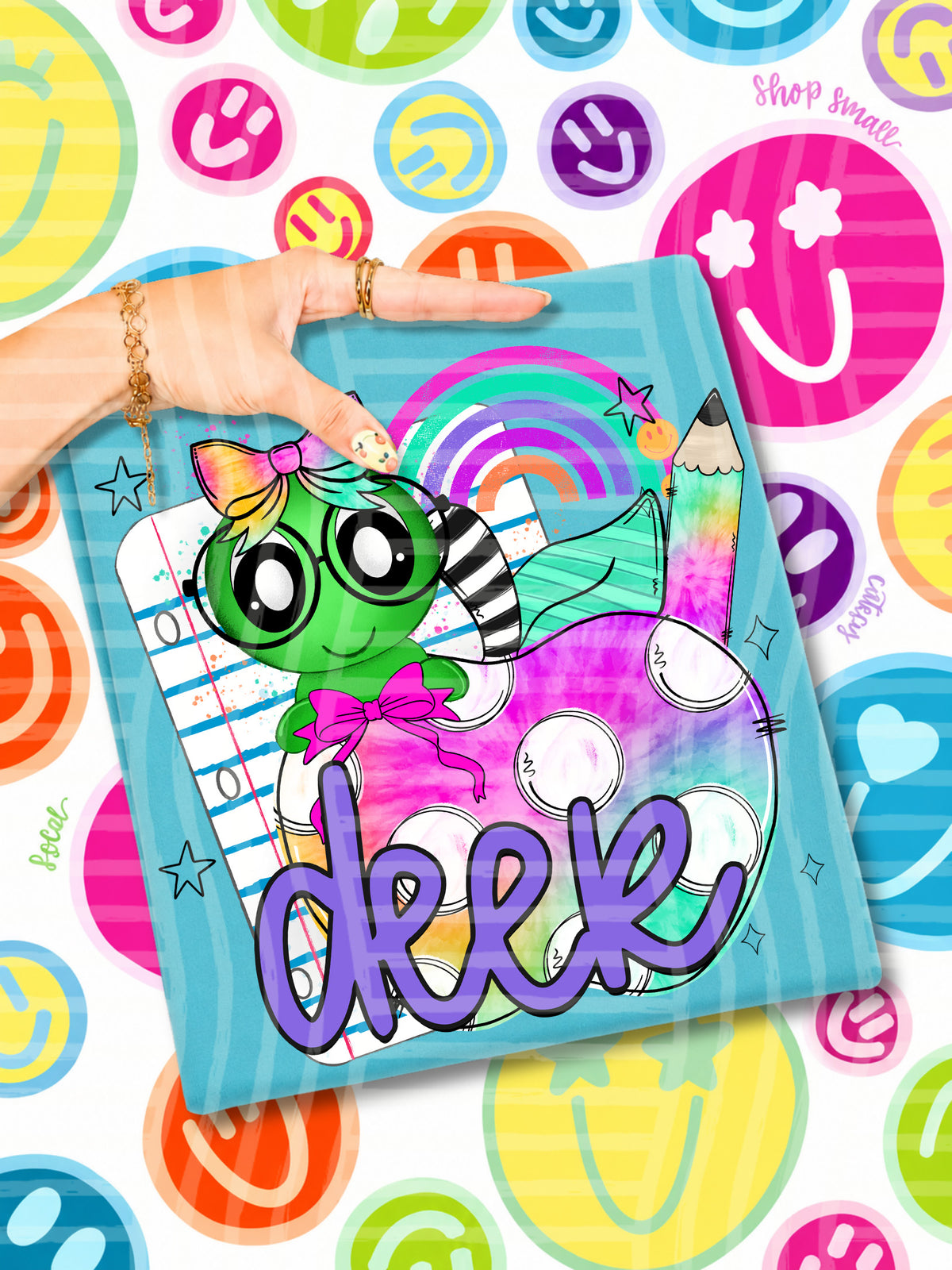 deer tie dye apple with white dots & green bug (CAPLINGER) DTF Transfer
