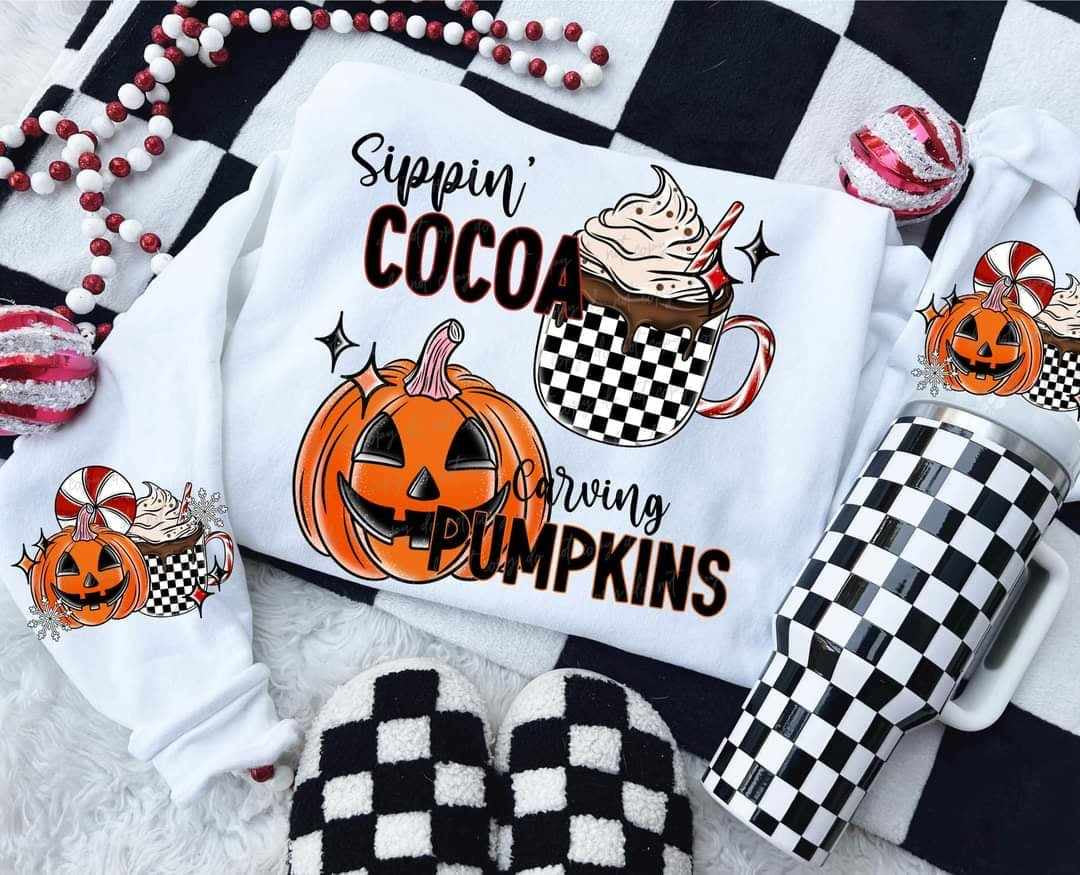 Sippin cocoa and carving pumpkins VIRGO 56109 DTF transfer