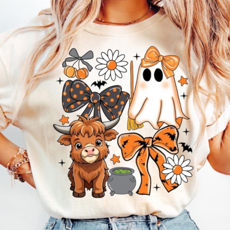 Ghost and highland cow with bows and cherry letters DTF transfer