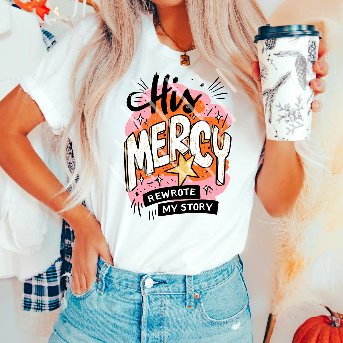 His Mercy Rewrote My Story pink orange and black 110874 DTF transfer