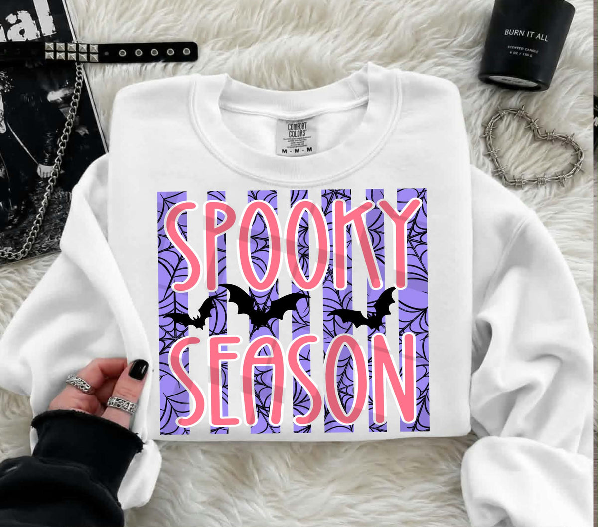 Spooky season orange lettering purple stripe background black bats (Linda) DTF Transfer