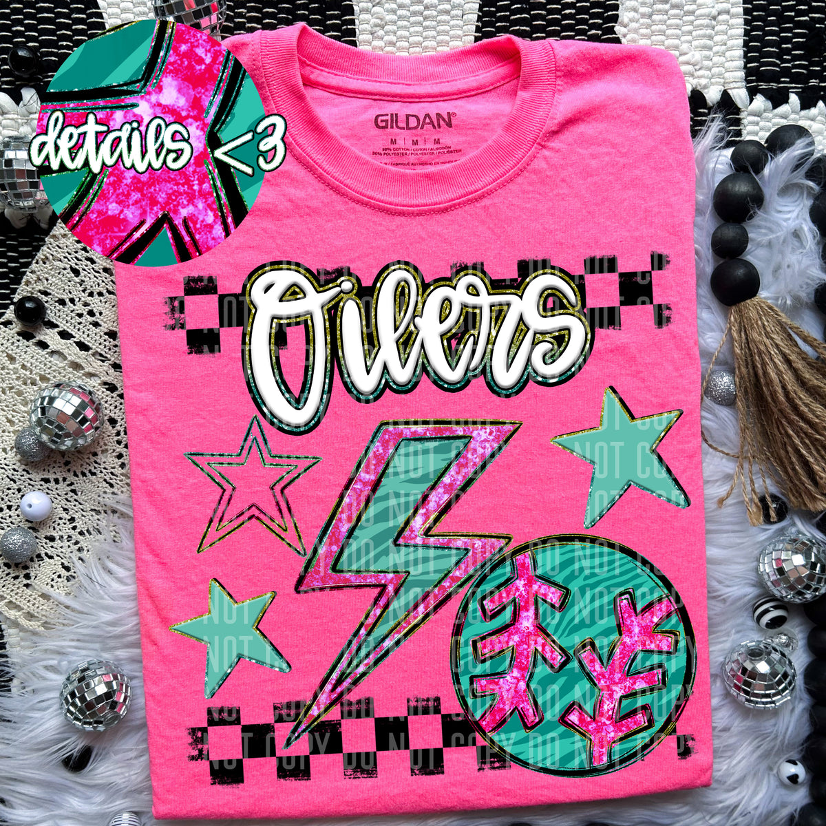 Oilers Teal and Pink Checkered (Caplinger) DTF transfer