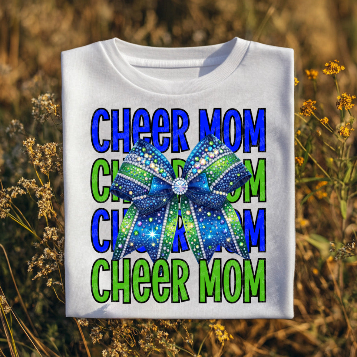 Cheer Mom stacked blue and green with bow (UDD) 68691 dtf transfer