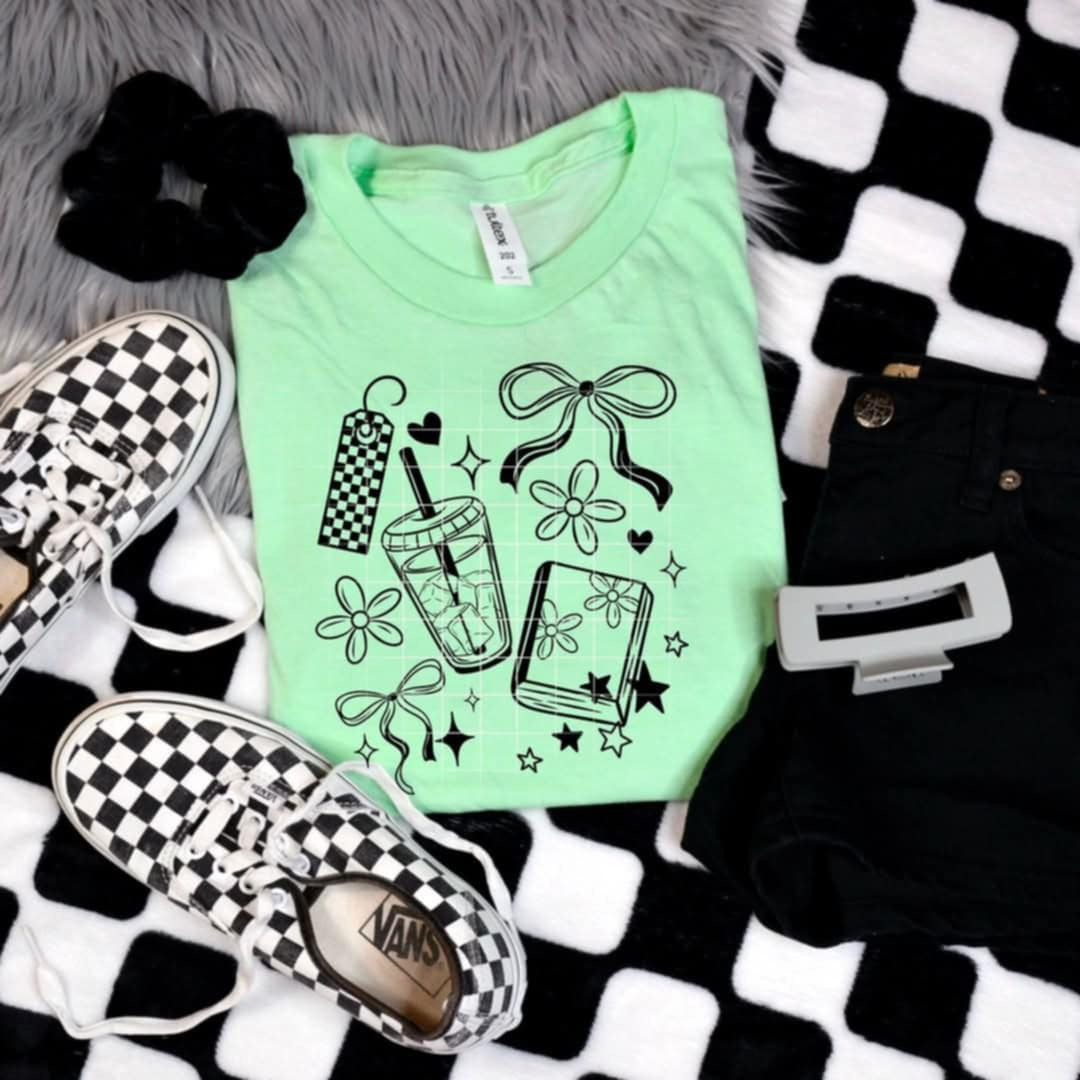 Coffee and book collage WITH BOWS BLACK (CSC) 98314 DTF transfer