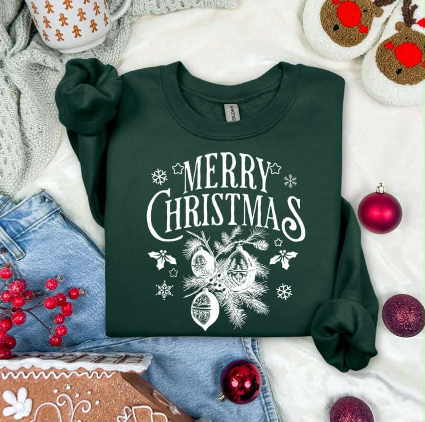 Merry Christmas with ornaments WHITE (s&g) DTF Transfer