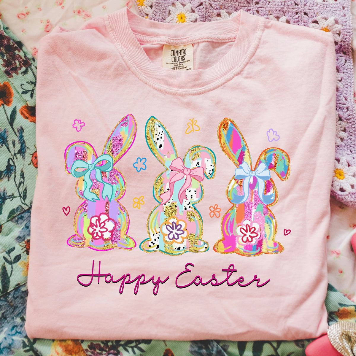 Happy Easter bunnies dark pink cursive DTF Transfer