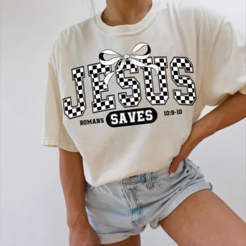 Jesus saves checkered with bow 87752 DTF transfer