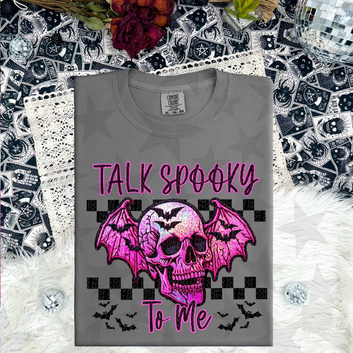 Talk spooky to me pink skull (HW) 53425 DTF transfer