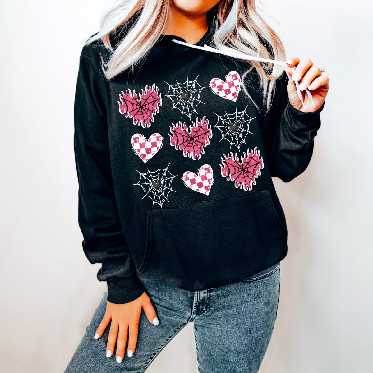 Pink firey hearts white webs (CSC) 95884 DTF transfer