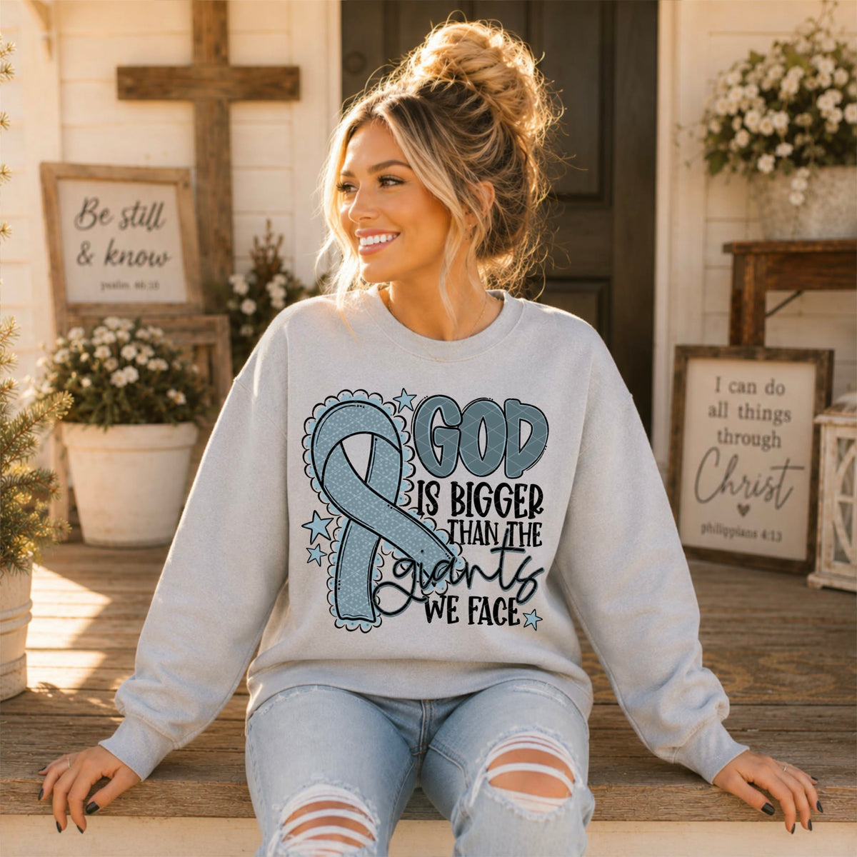 God is bigger than the giants we face DARK GREY  ribbon (SDD) DTF Transfer