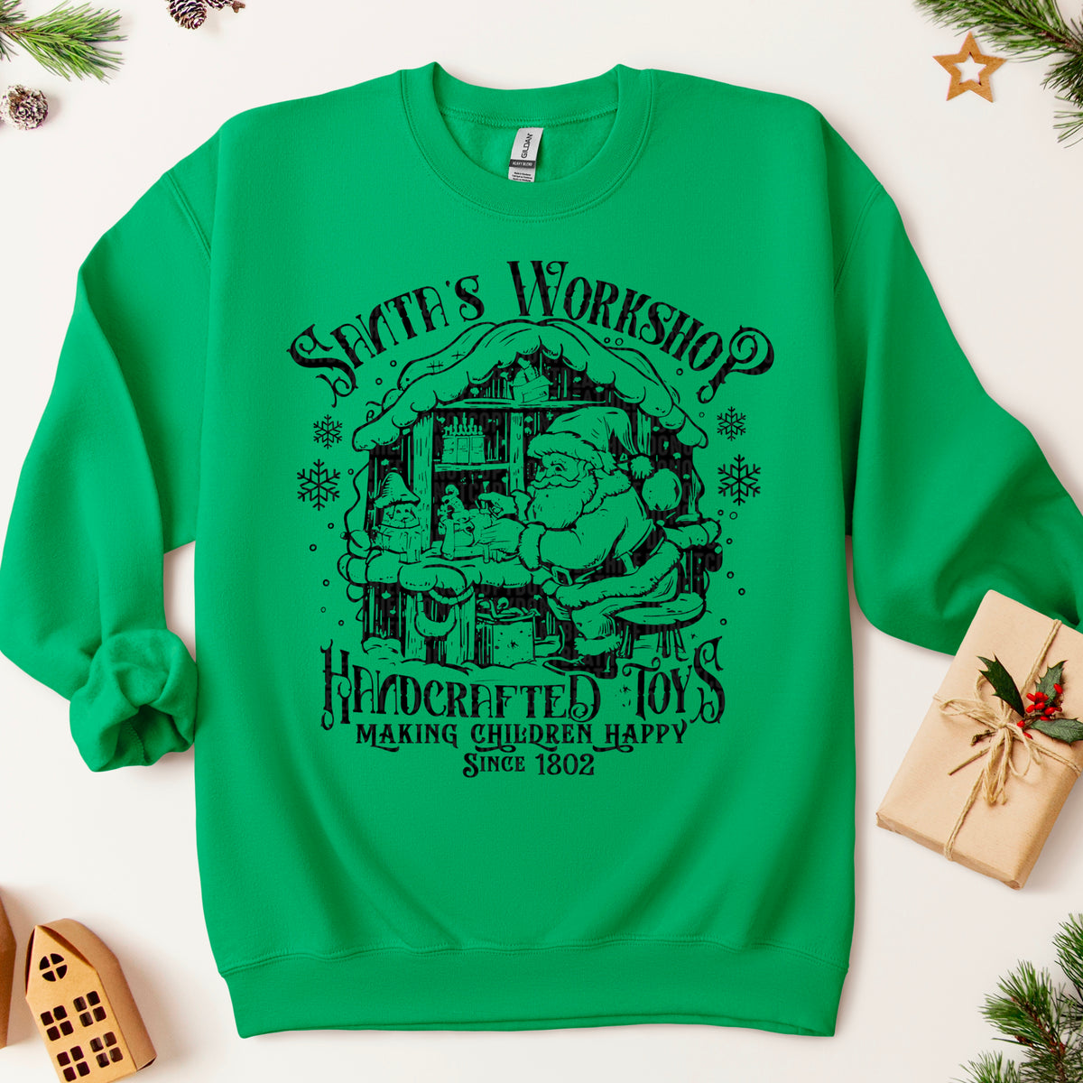 Santa’s Workshop handcrafted toys BLACK DTF transfer