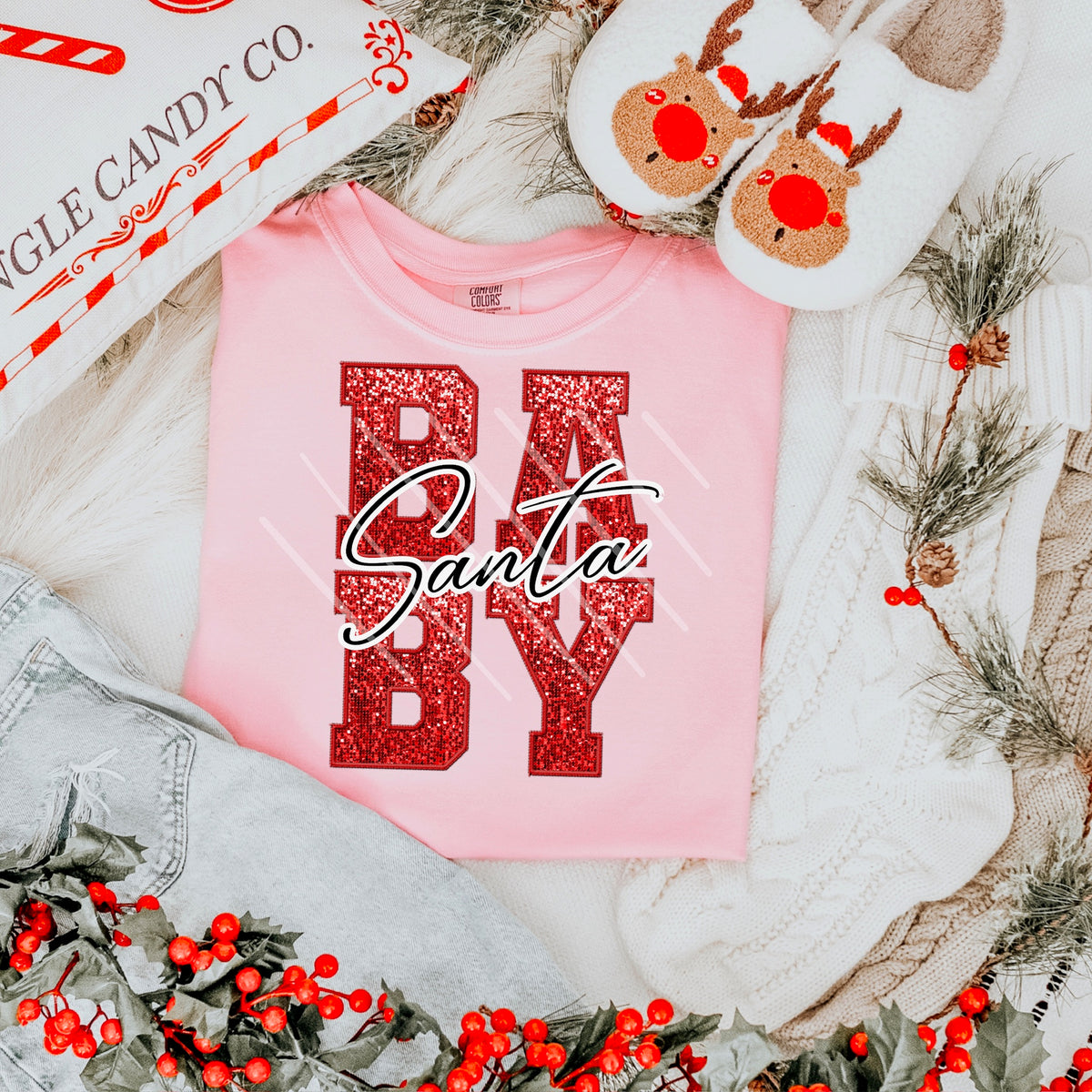 Santa Baby Red Faux Glitter (Santa in black text) 111680 DTF transfer