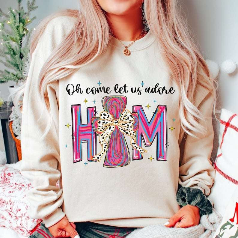 Oh come let us adore him pink and blue brushstroke 67902 DTF transfer