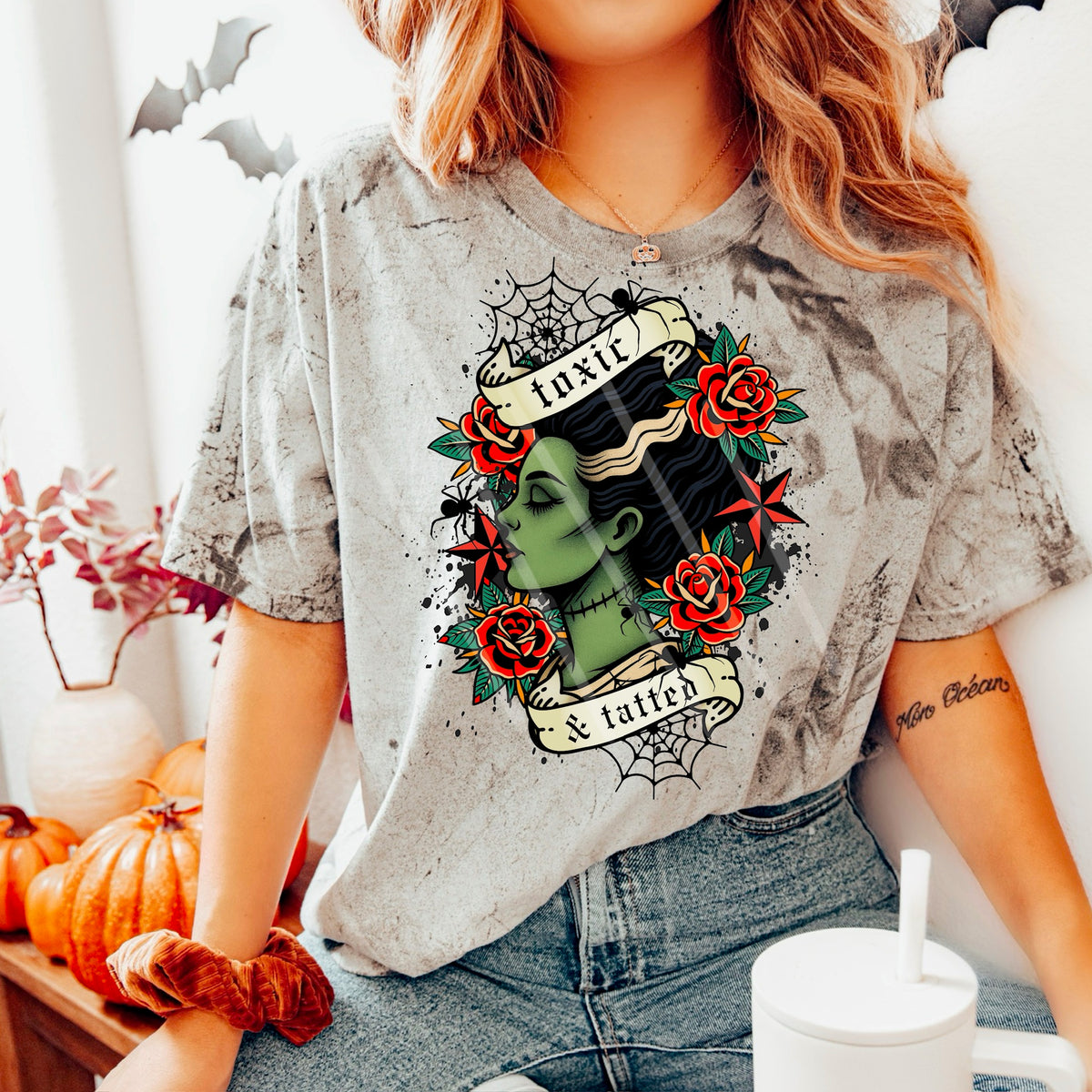 Toxic Tatted franken girl roses and webs (MZ) 113457 DTF transfer