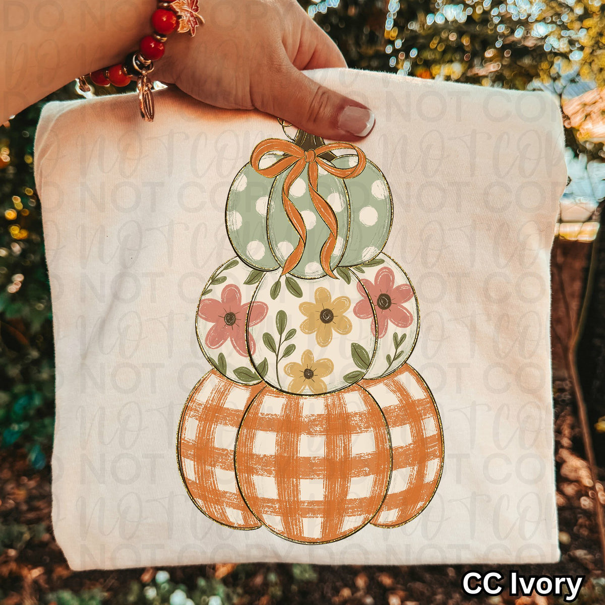 Triple stacked pumpkin orange plaid floral green white polkadot (UAC) DTF Transfer