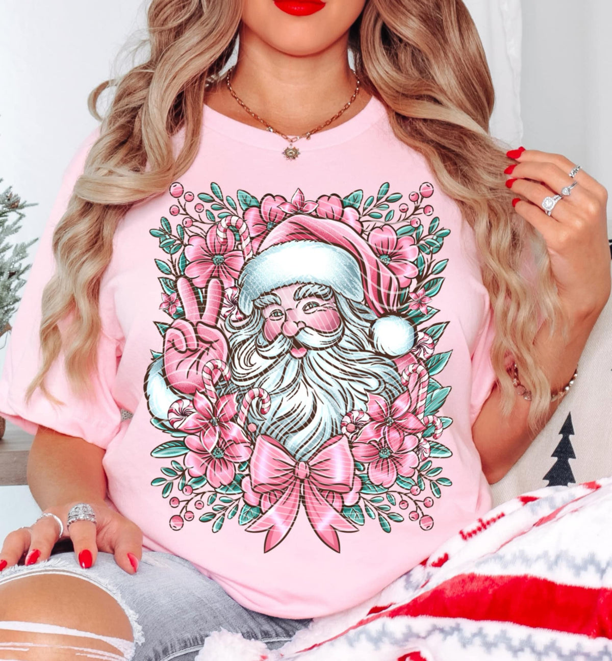 Pink and Teal Santa FLORALS AND BOW AG DTF transfer