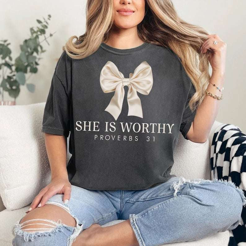 She is worthy white bow 73822 DTF transfer