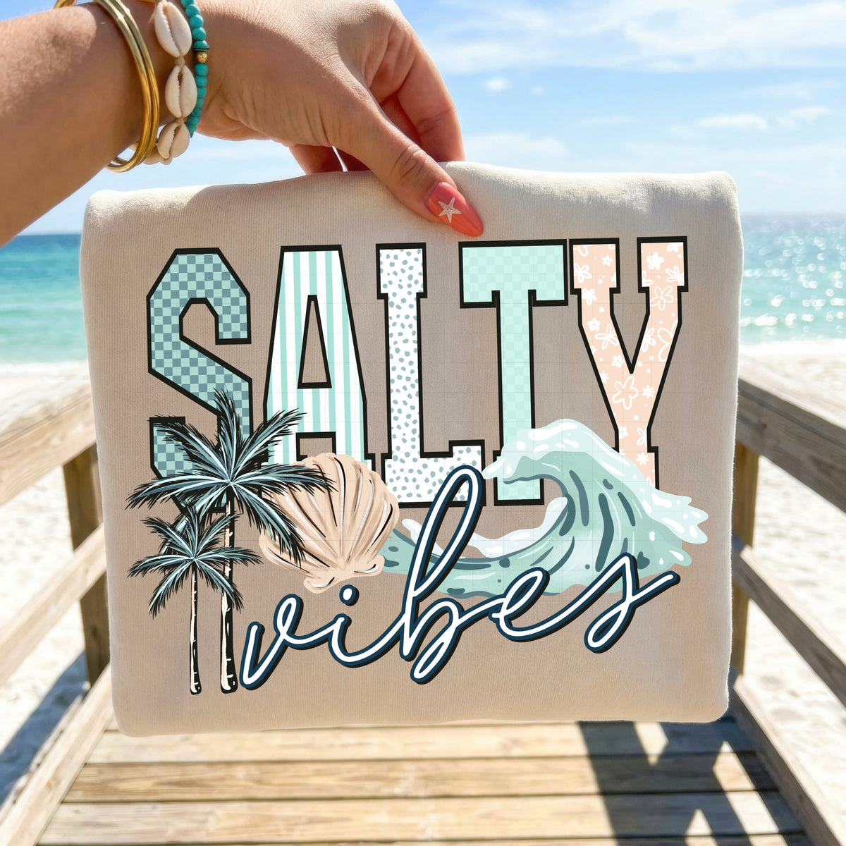 Salty Vibes with wave and palm tree (csc) DTF Transfer