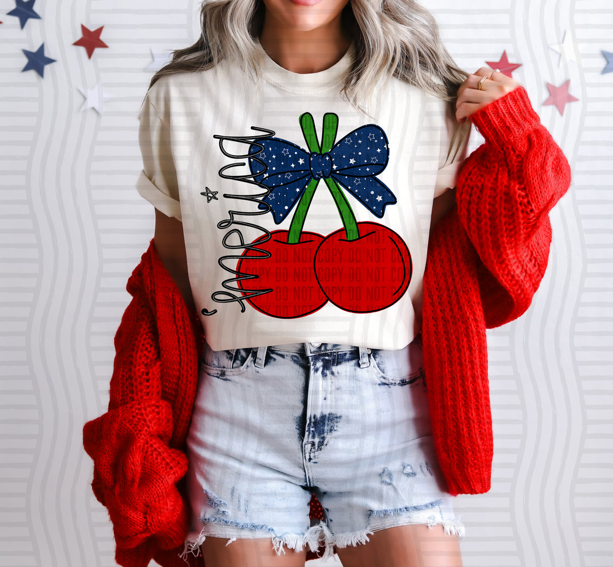 merica red cherries with blue sparkly bow (caplinger) DTF Transfer