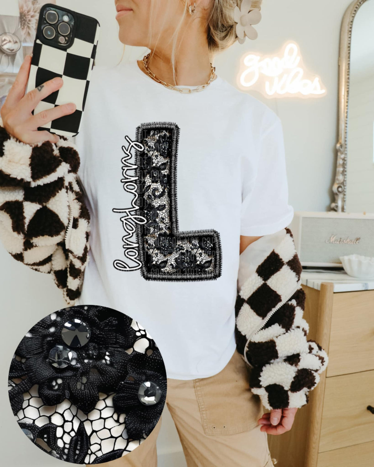 L longhorns lace letter (Caplinger) 90140 DTF transfer