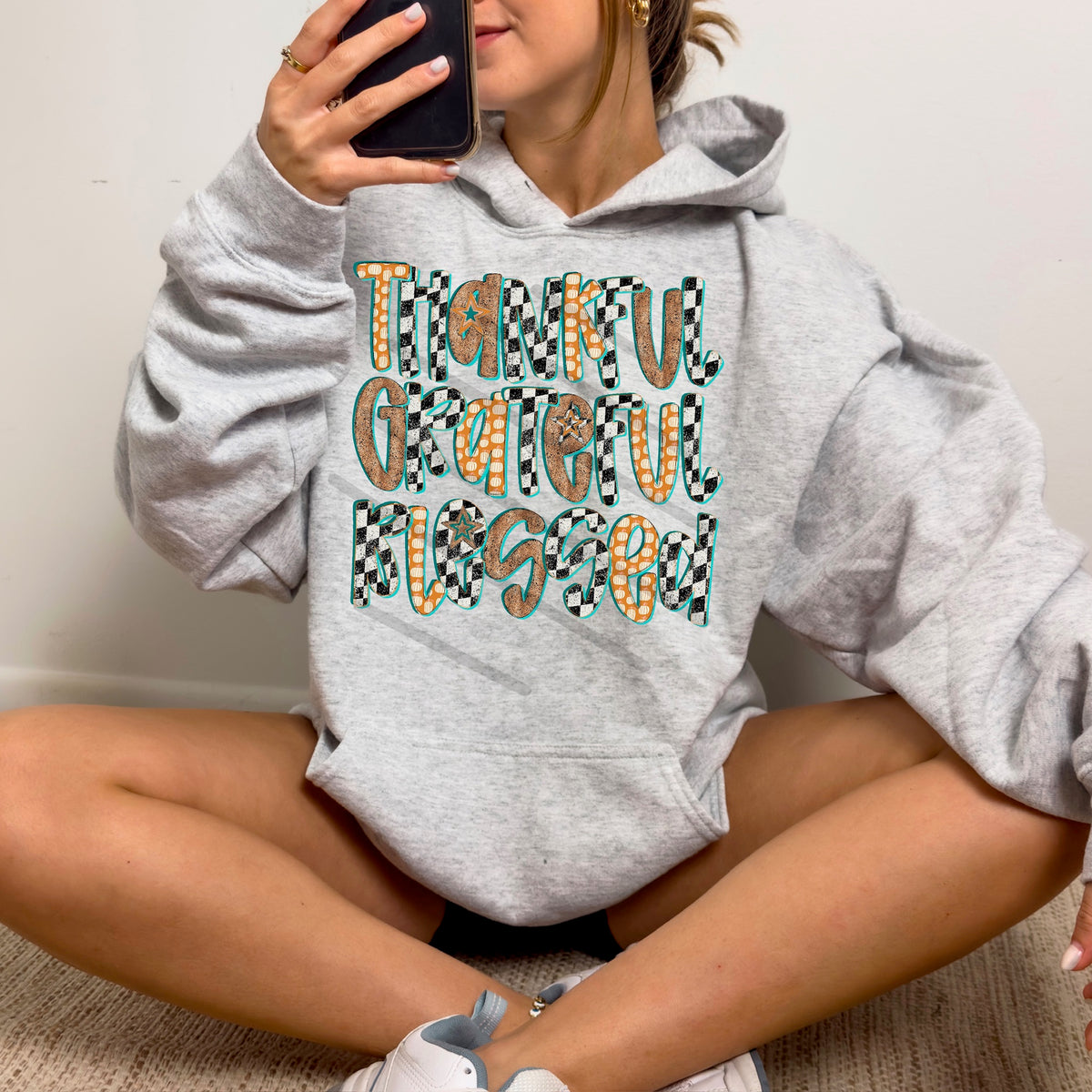 Grateful Thankful Blessed Stacked teal and orange checker 114115 DTF transfer