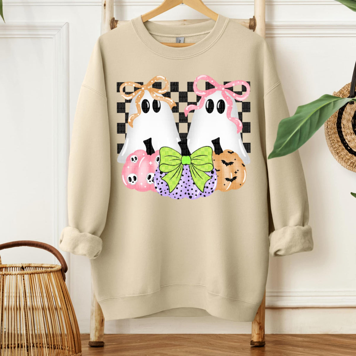 2 Ghosts with pumpkins bows and checker SDD DTF transfer