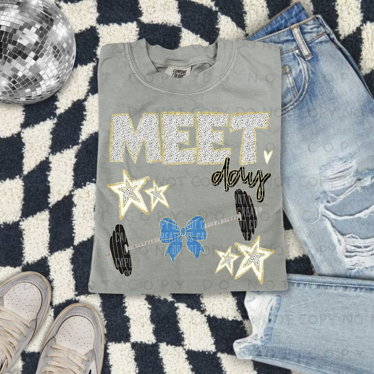 Meet day light blue bow background (Caplinger) DTF transfer