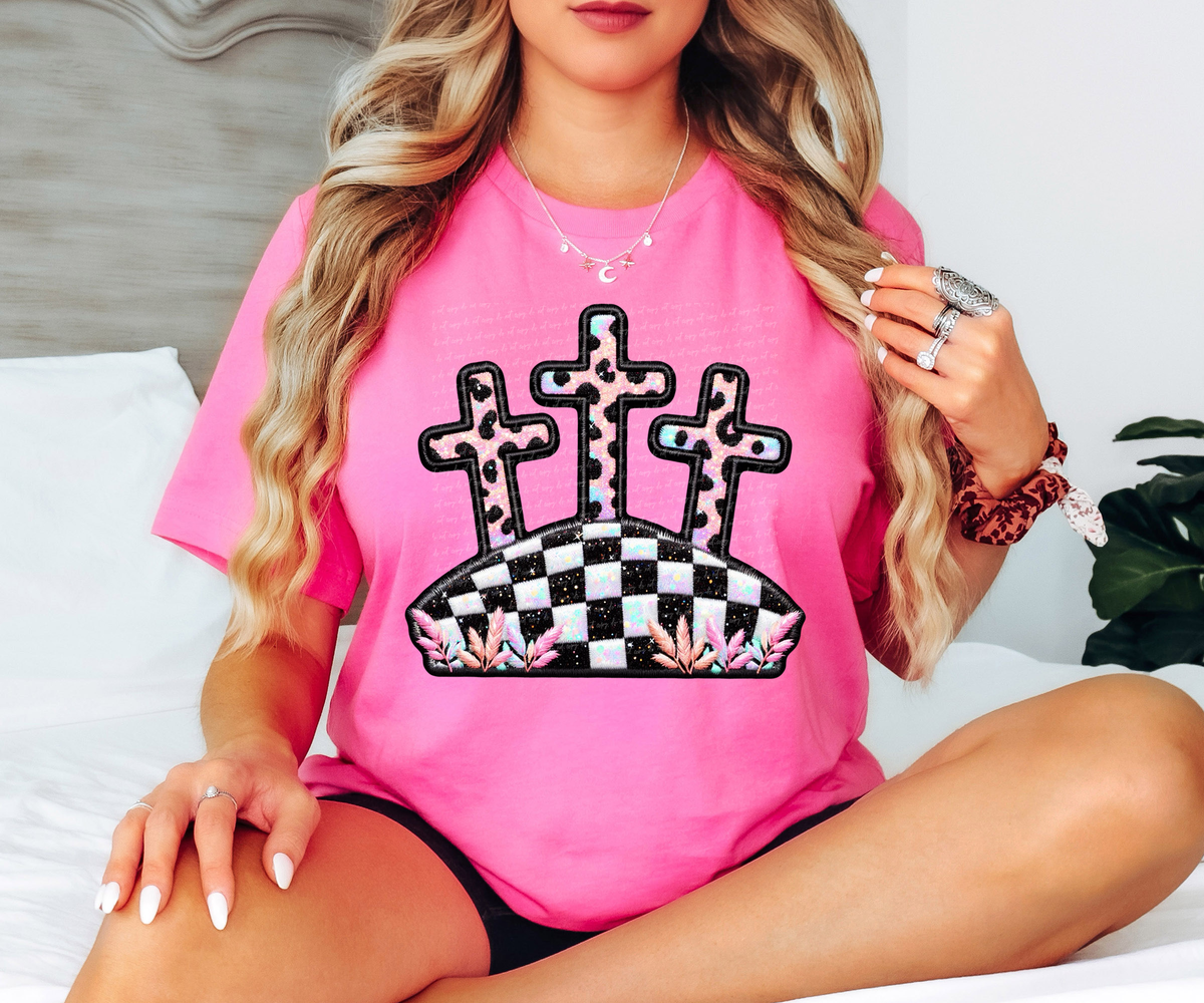 3 Crosses Checkered Faux Embroidery 81958 DTF Transfer