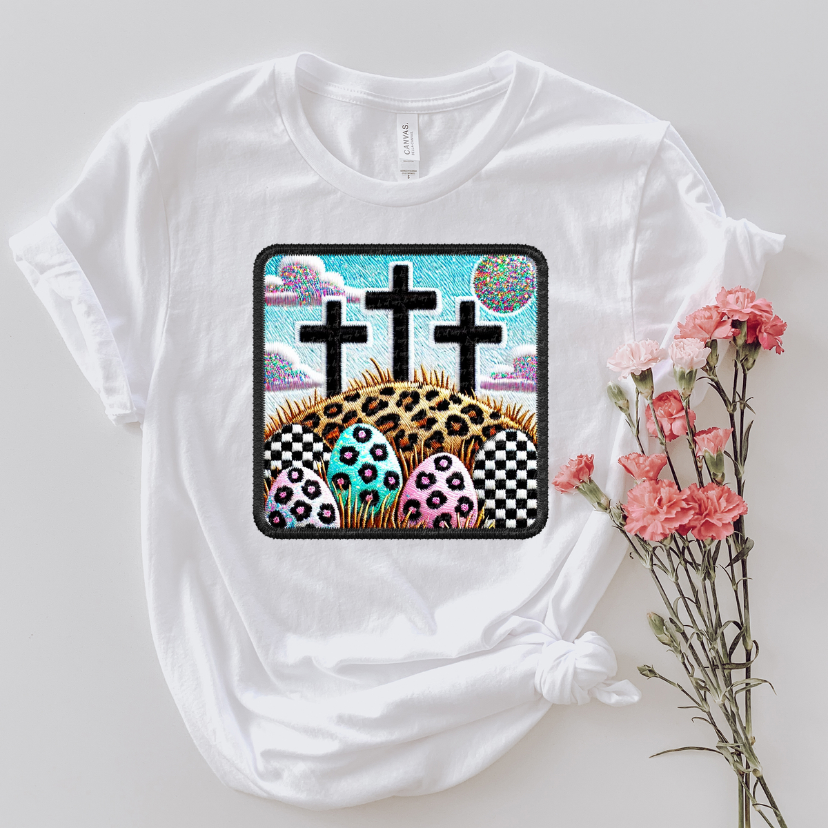 3 Crosses With Easter Eggs Leopard Faux Embroidery 81959 DTF Transfer