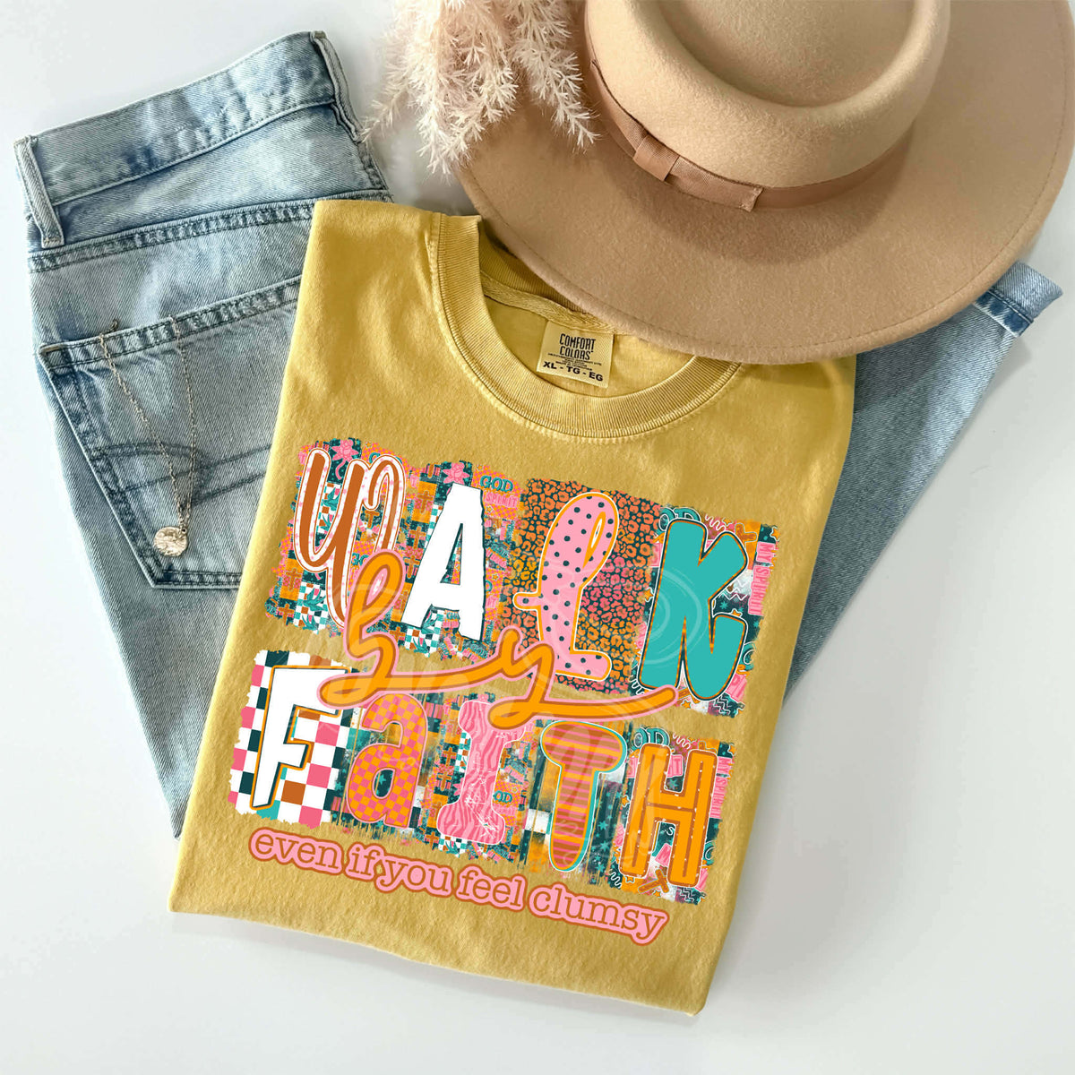 Walk by faith even if you feel clumsy (teal orange and pink) (C’s) DTF Transfer