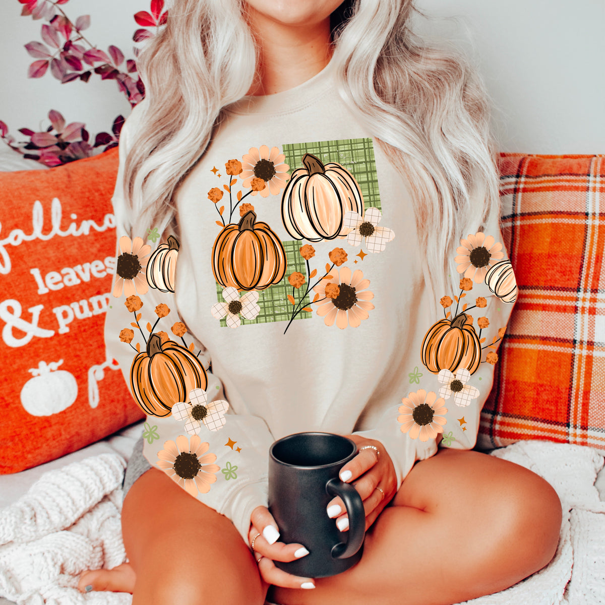 Pumpkins with plaid patches (set two sleeves) (CSC) DTF Transfer