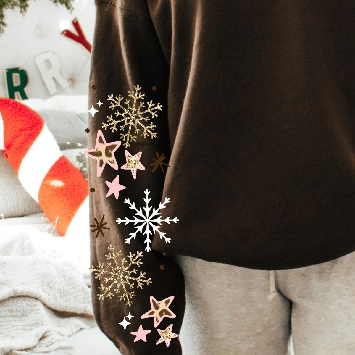 Pink and gold snowflake sleeve Sunday Special DTF transfer