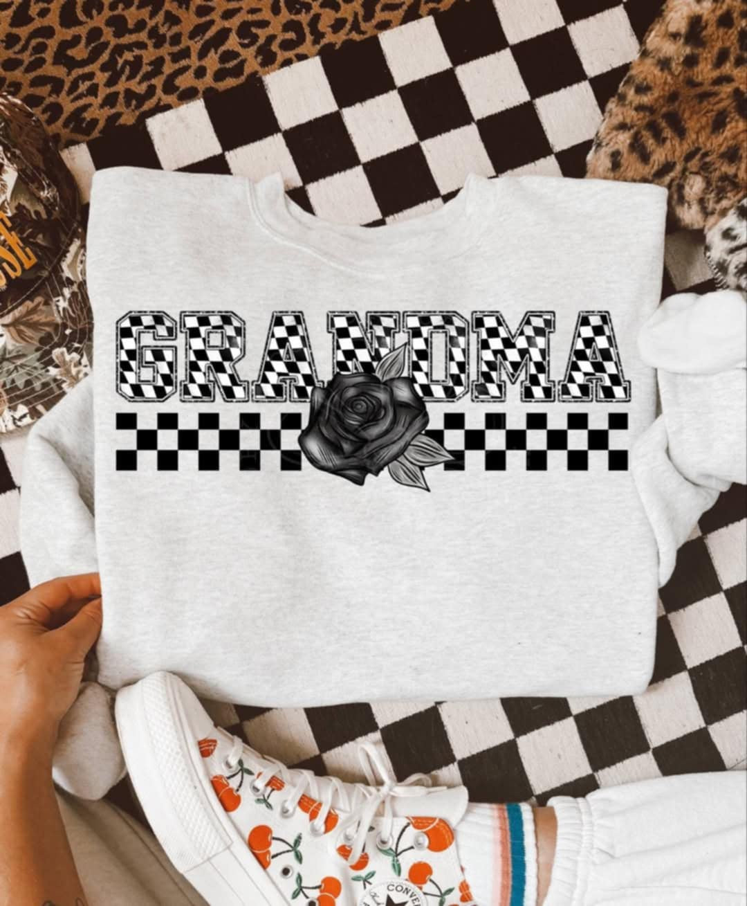 Grandma checkered with black rose (Unhinged) 99341 DTF transfer