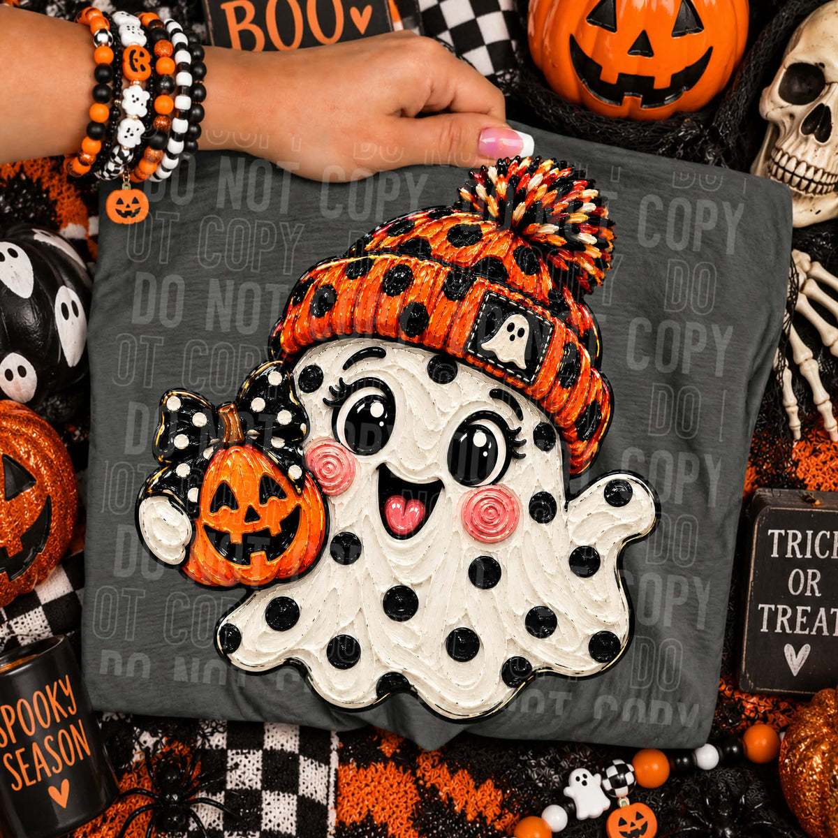Polkadot ghost orange polkadot hat with pumpkin (SBB) DTF Transfer