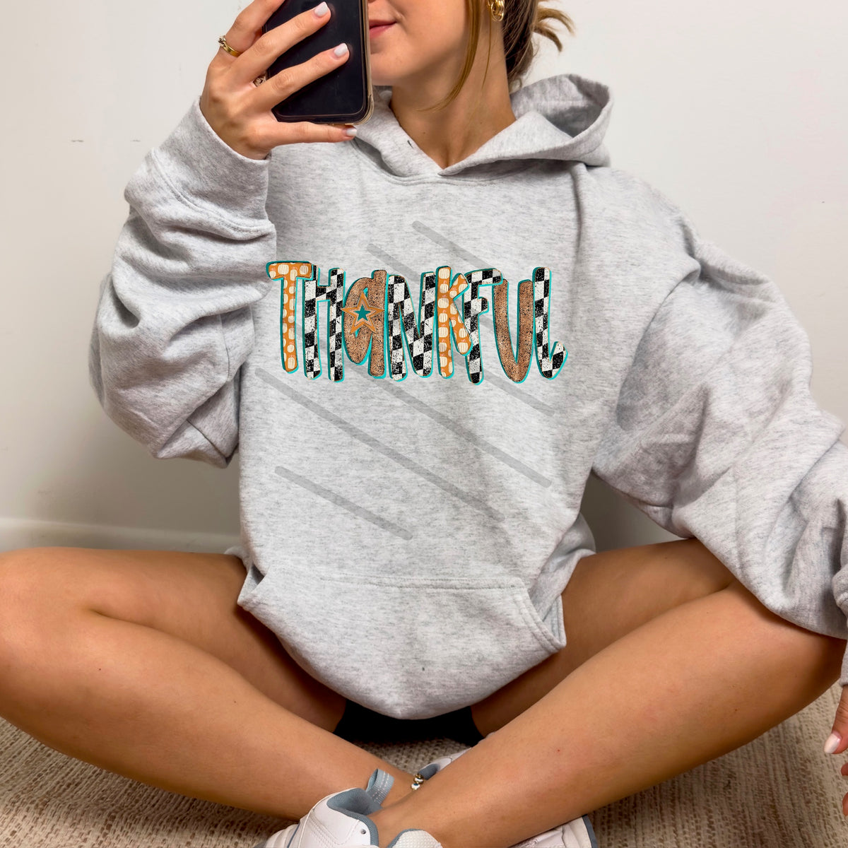 Thankful teal and orange checker DTF transfer