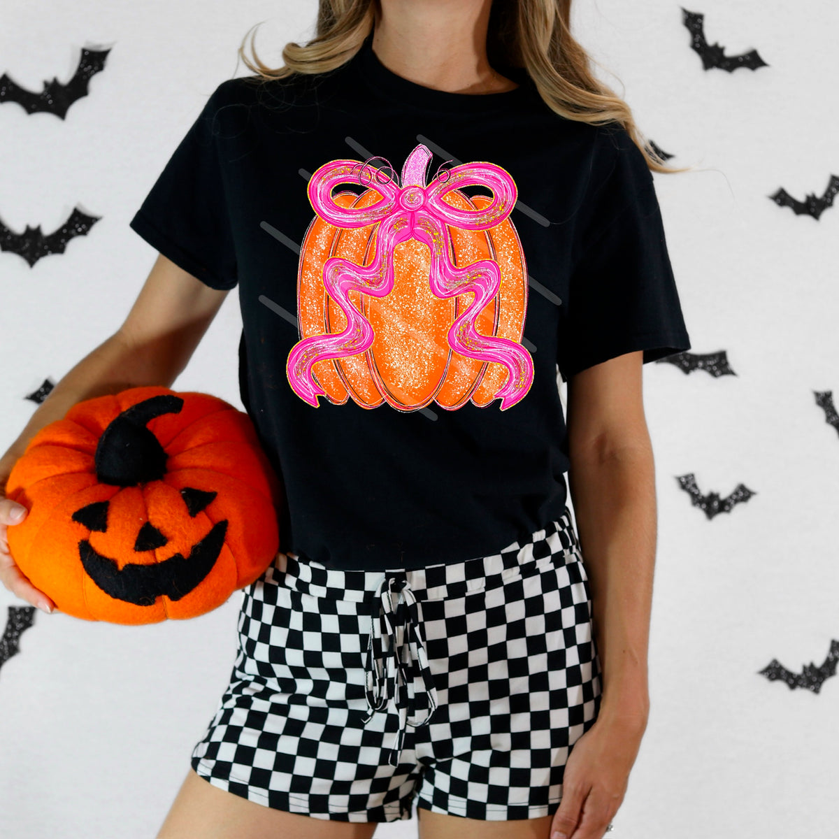 Pumpkin with sparkly pink bow 111005 DTF transfer