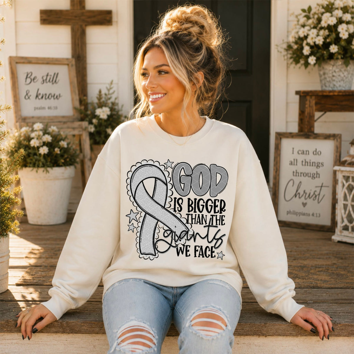 God is bigger than the giants we face GREY ribbon (SDD) DTF Transfer