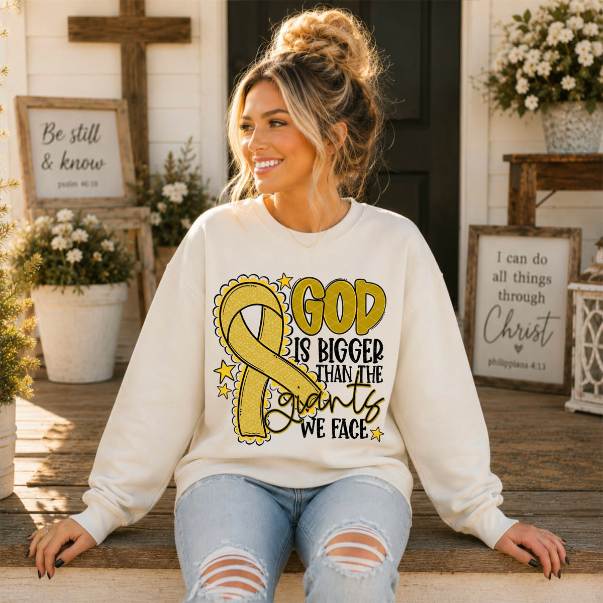 God is bigger than the giants we face GOLD  ribbon (SDD) DTF Transfer
