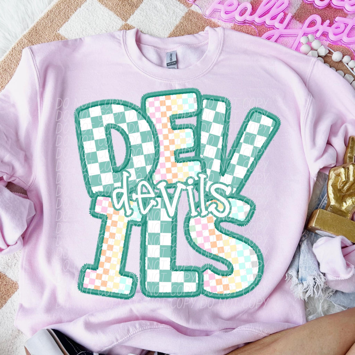 Devils blue and colorful checkered (CITY) 85514 DTF transfer