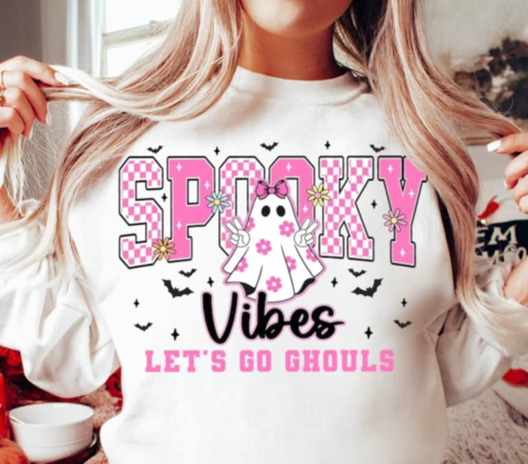 Spooky Vibes Lets Go Ghouls Pink DTF transfers