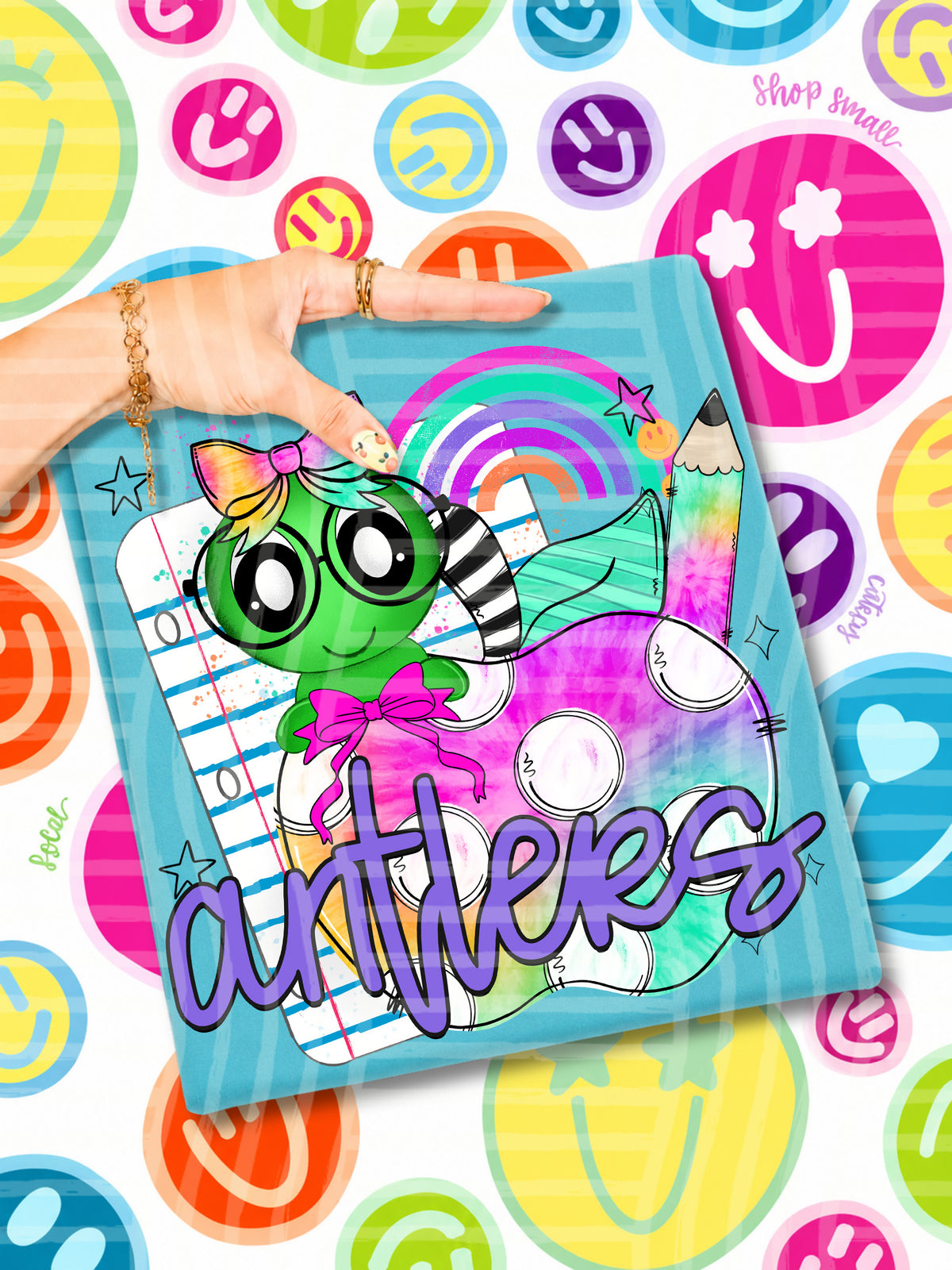 antlers tie dye apple with white dots & green bug (CAPLINGER) DTF Transfer
